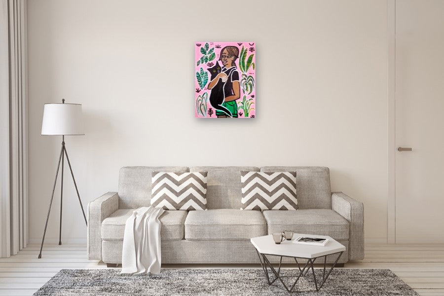 Girl with Black Cat and Plants by Jessica JH Roller |  In Room View of Artwork 
