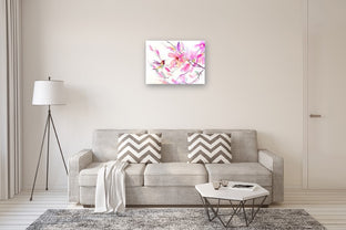 Little Hummingbird and Pink Magnolias by Suren Nersisyan |  In Room View of Artwork 