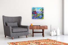 Original art for sale at UGallery.com | Lake House with Two Boats by Laura (Yi Zhen) Chen | $1,000 | acrylic painting | 20' h x 20' w | thumbnail 5