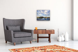 Yellow Sail on Patriot Lake by Elizabeth Garat |  In Room View of Artwork 