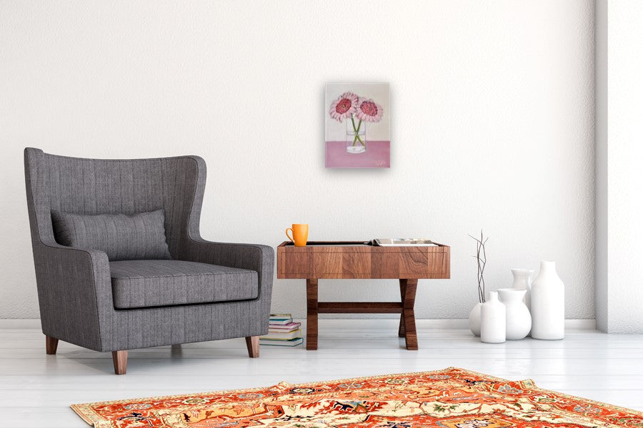 Two Pink Flowers by Carey Parks |  In Room View of Artwork 