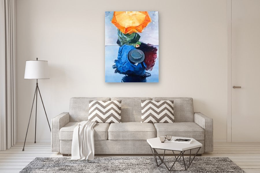 Couple under Orange Umbrella in Paris by Warren Keating |  In Room View of Artwork 