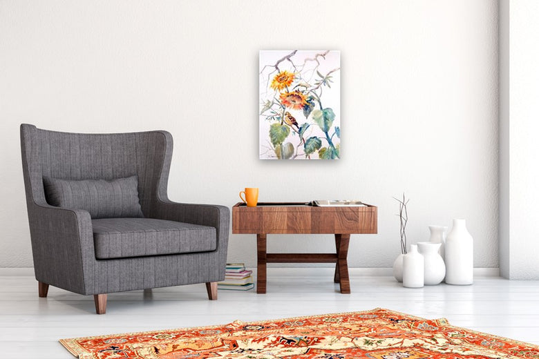 Yellowhammer and Sunflowers by Suren Nersisyan |  In Room View of Artwork 