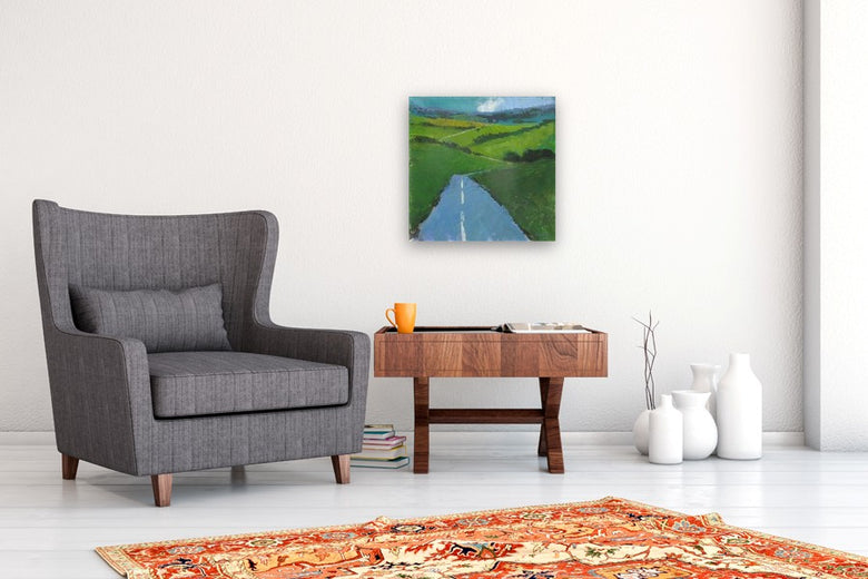 Road Through Green Fields, England by Janet Dyer |  In Room View of Artwork 
