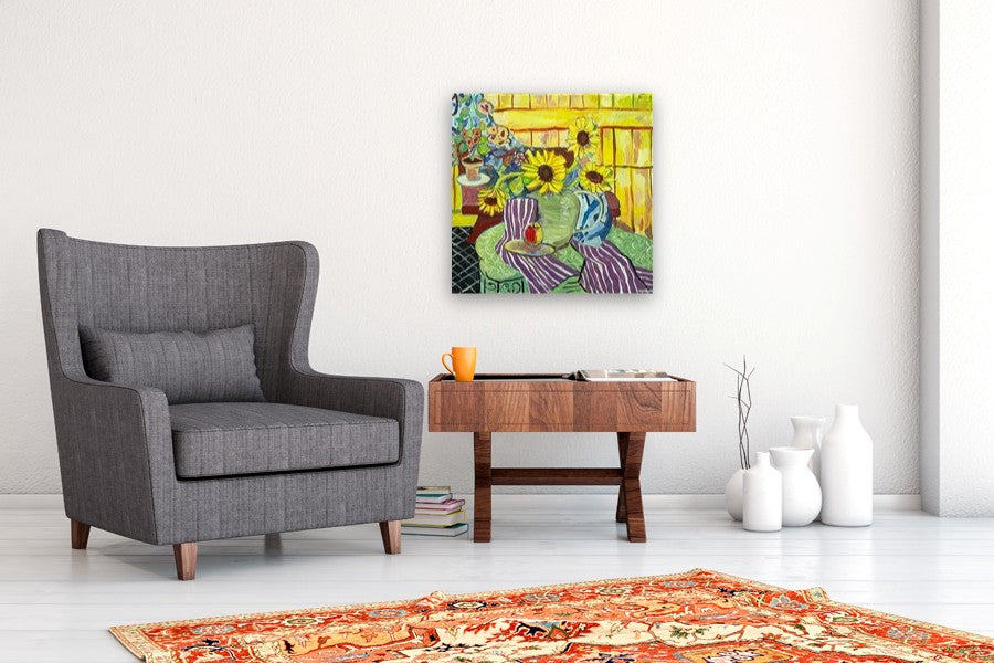 Sunflowers in a Pitcher by Robert Hofherr |  In Room View of Artwork 