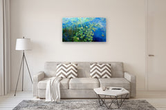 Original art for sale at UGallery.com | Water Lilies and Reeds, Hepner Pond by Onelio Marrero | $2,575 | oil painting | 26' h x 46' w | thumbnail 5