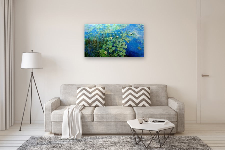 Water Lilies and Reeds, Hepner Pond by Onelio Marrero |  In Room View of Artwork 
