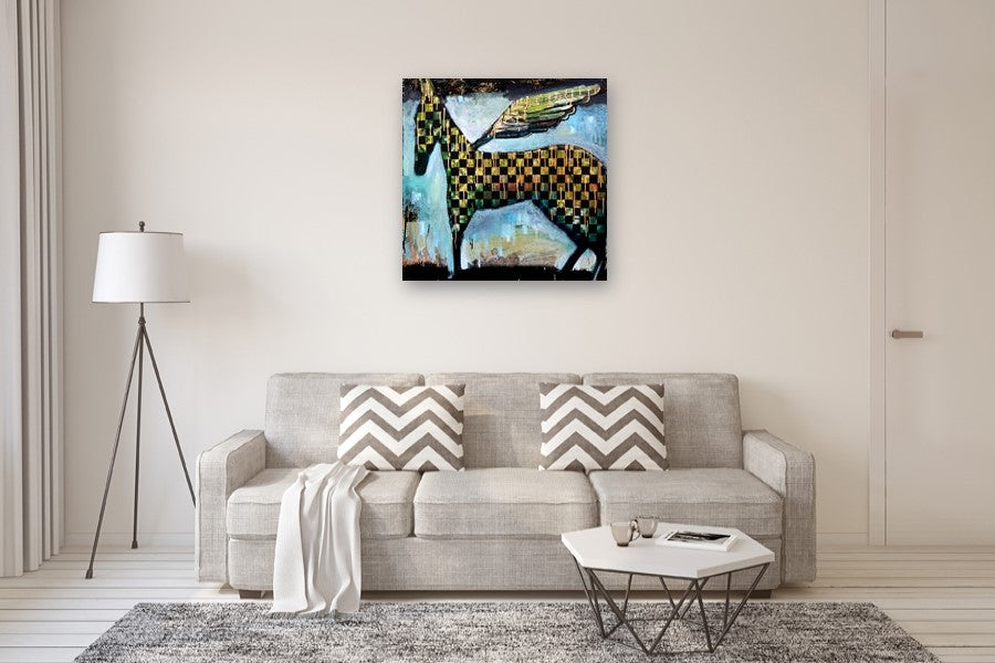 A Nighttime Checkered Horse With Wings by Scott Dykema |  In Room View of Artwork 