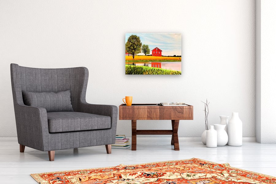 Red Barn Reflections by John Jaster |  In Room View of Artwork 