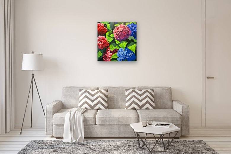 Hydrangeas In Bloom by John Jaster |  In Room View of Artwork 