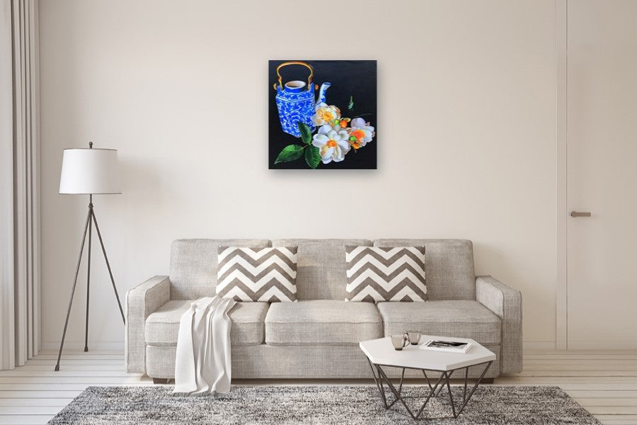 Blue Teapot and Roses by John Jaster |  In Room View of Artwork 