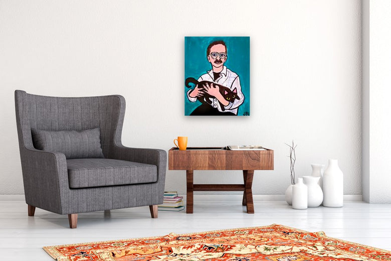 Man Holding a Cat by Jessica JH Roller |  In Room View of Artwork 