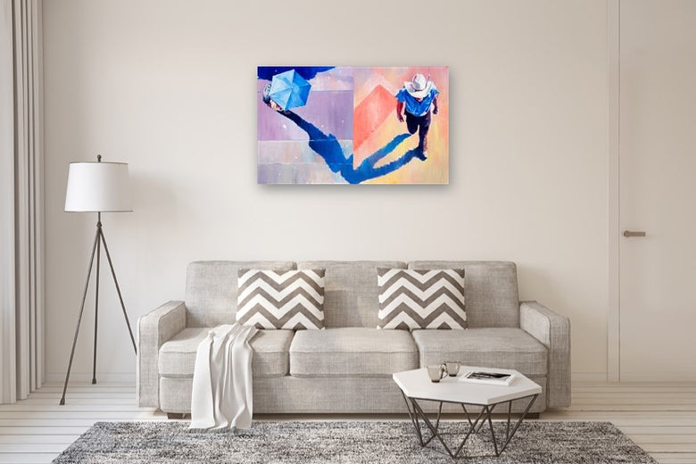 Blue Umbrella and Cowboy by Warren Keating |  In Room View of Artwork 