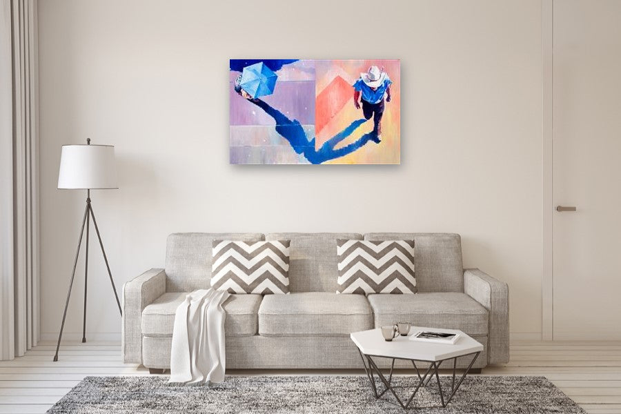 Blue Umbrella and Cowboy by Warren Keating |  In Room View of Artwork 