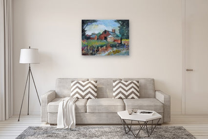 acrylic painting by Kip Decker titled Barn and Silos