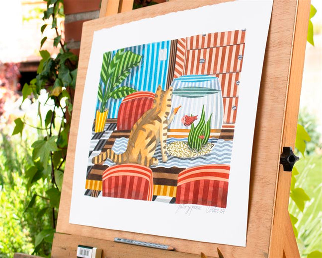 Cat and a Fish Bowl by Javier Ortas |  Side View of Artwork 