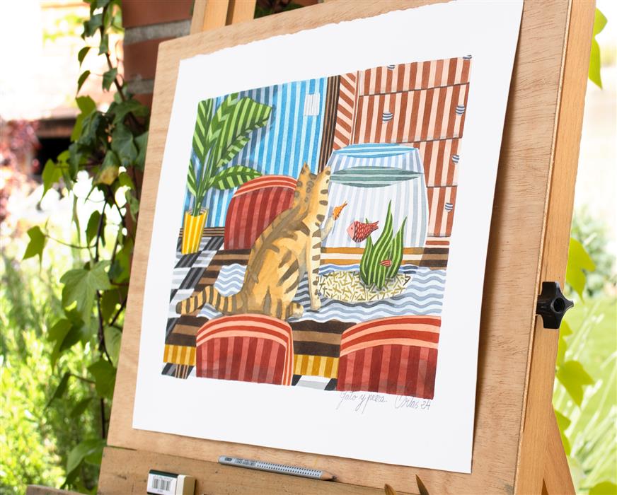 Cat and a Fish Bowl by Javier Ortas |  Side View of Artwork 