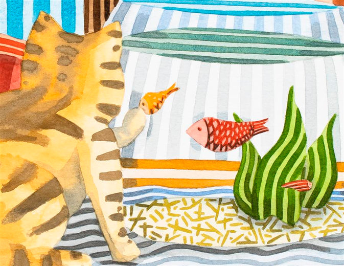 Cat and a Fish Bowl by Javier Ortas |   Closeup View of Artwork 