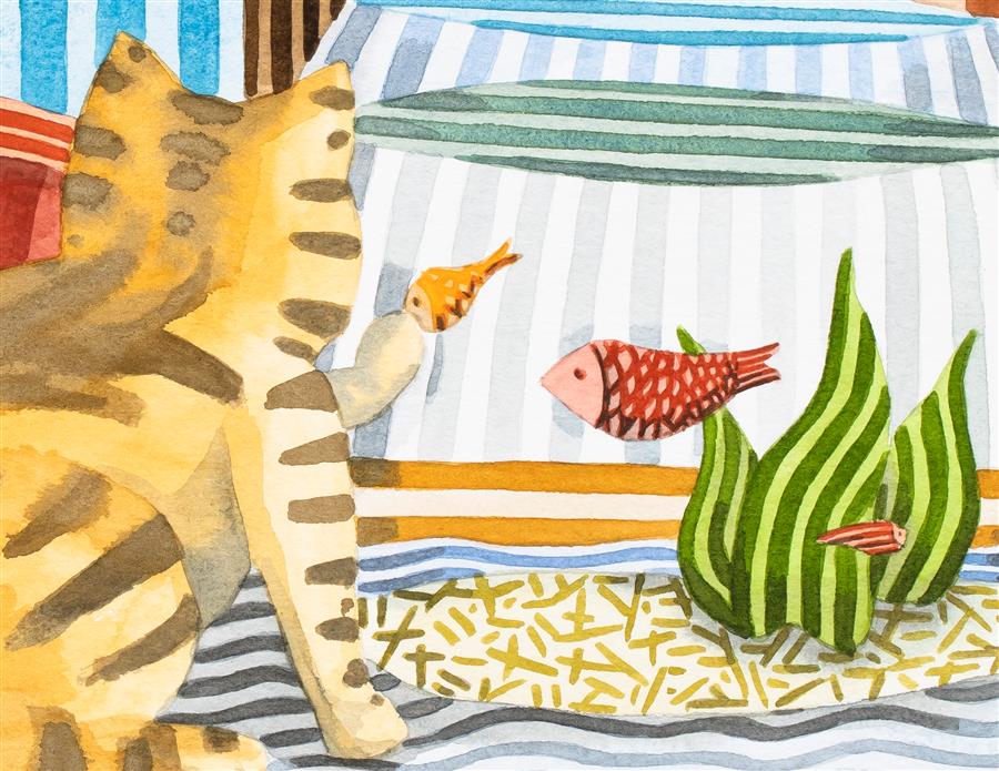 Cat and a Fish Bowl by Javier Ortas |  Closeup View of Artwork 