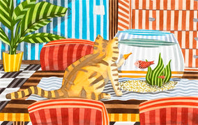 Original art for sale at UGallery.com | Cat and a Fish Bowl by Javier Ortas | $1,200 | watercolor painting | 14' h x 19.5' w