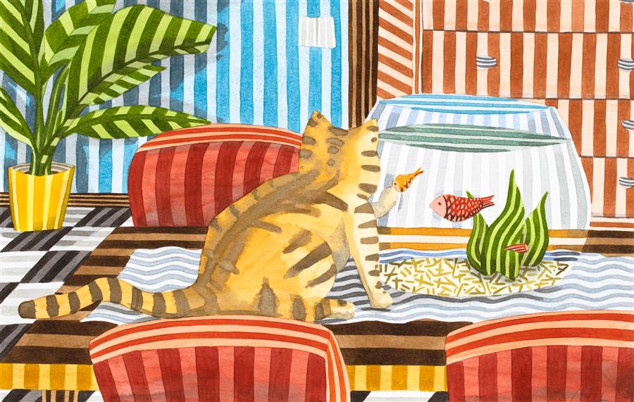 Cat and a Fish Bowl by Javier Ortas |  Artwork Main Image 