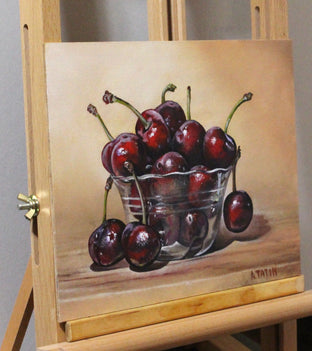 Red Cherries in a Glass Bowl by Art Tatin |  Side View of Artwork 