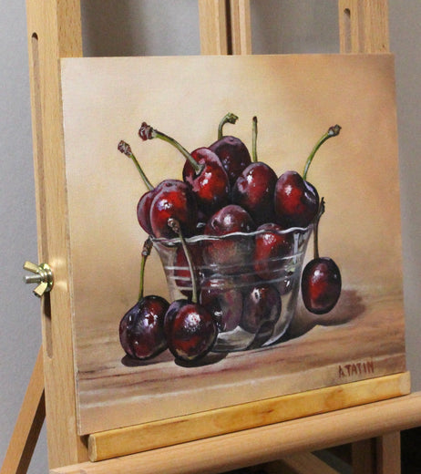 Red Cherries in a Glass Bowl by Art Tatin |  Side View of Artwork 