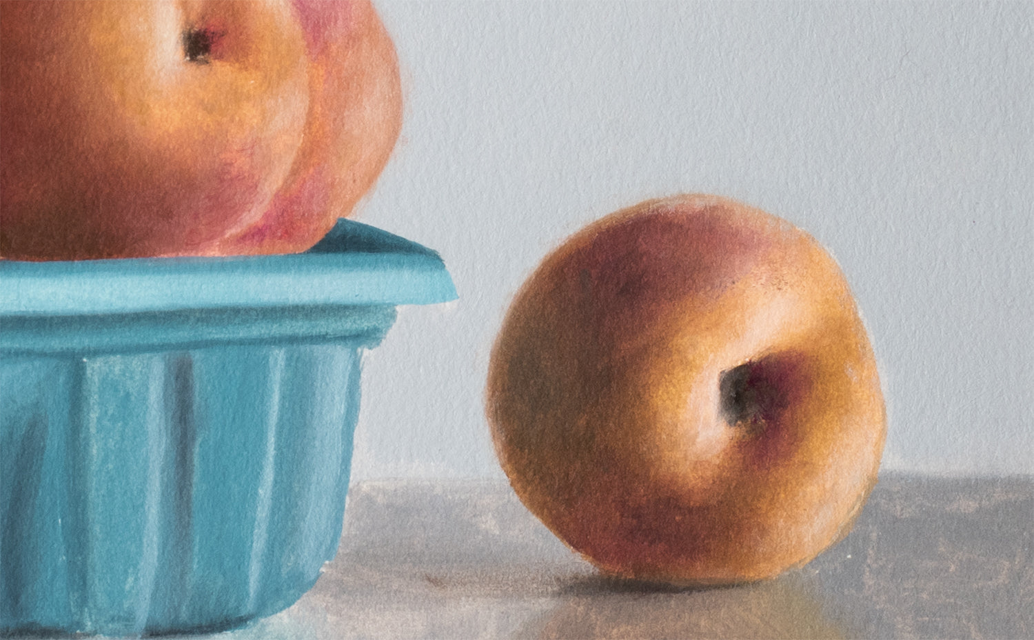 Peaches in a Turquoise Basket by Daniel Caro |  Closeup View of Artwork 