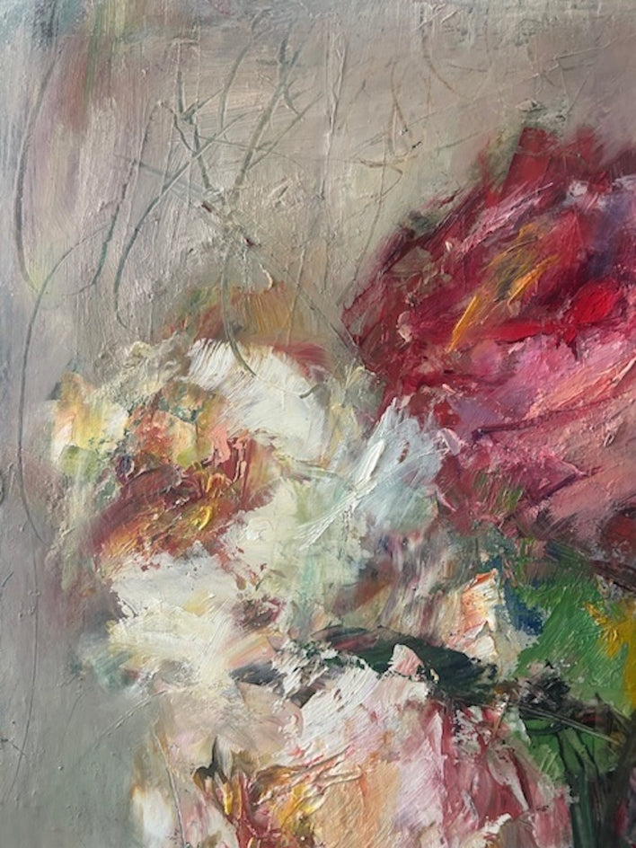Colorful Flowers in Glass Vase by Elif Burduroglu |  Closeup View of Artwork 