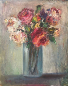 oil painting by Elif Burduroglu titled Colorful Flowers in Glass Vase