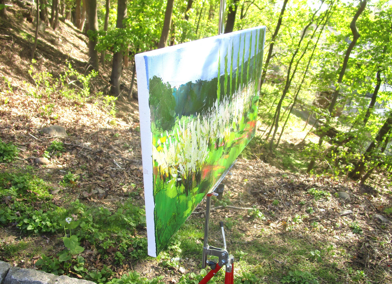 Cypresses and Orchard, Springtime by Janet Dyer |  Side View of Artwork 