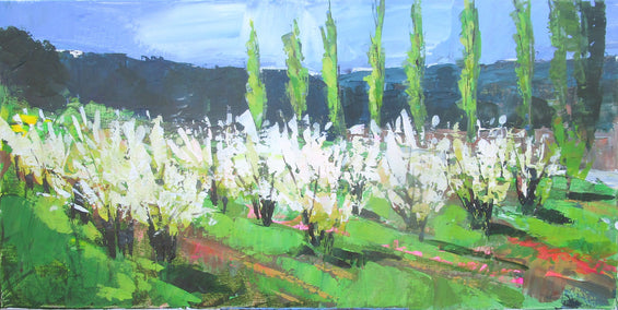 acrylic painting by Janet Dyer titled Cypresses and Orchard, Springtime