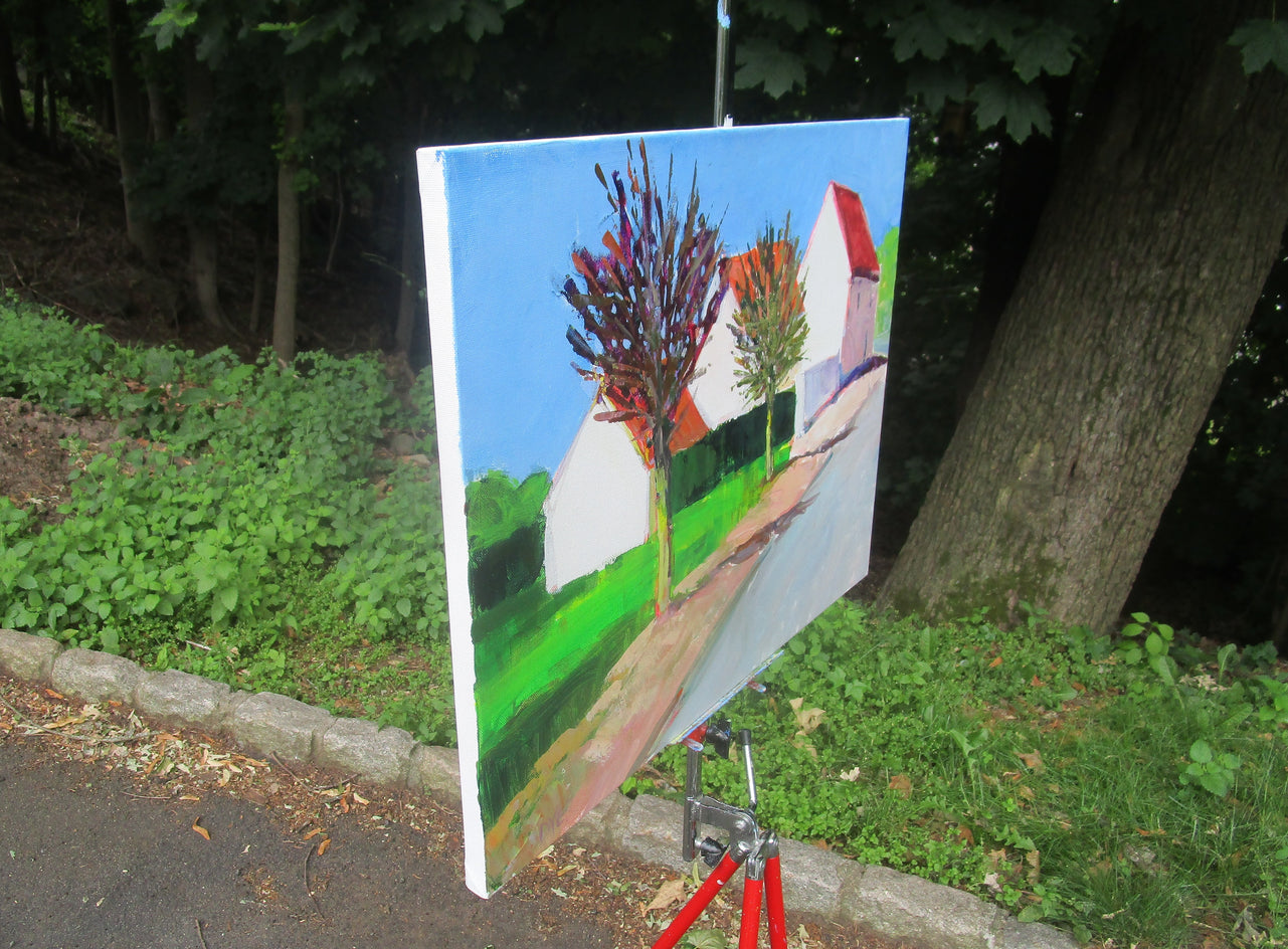 Street in Mormant, France by Janet Dyer |  Side View of Artwork 