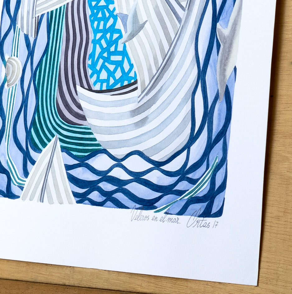 Sailboats at Sea by Javier Ortas |  Side View of Artwork 