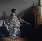 Original art for sale at UGallery.com | Woman with Caged Bird by John Kelly | $3,500 | oil painting | 27.5' h x 27.5' w | thumbnail 1