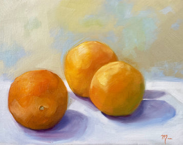 oil painting by Malia Pettit titled Three Navel Oranges