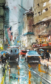 watercolor painting by Maximilian Damico titled Fifth Avenue under the Rain