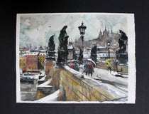 Original art for sale at UGallery.com | Winter on the Bridge by Maximilian Damico | $650 | watercolor painting | 11' h x 15' w | thumbnail 3