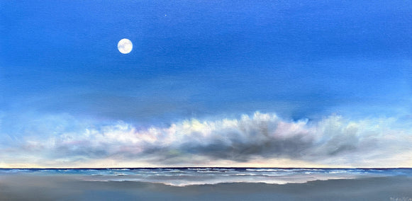 oil painting by Nancy Hughes Miller titled Moonlight Beach Clouds