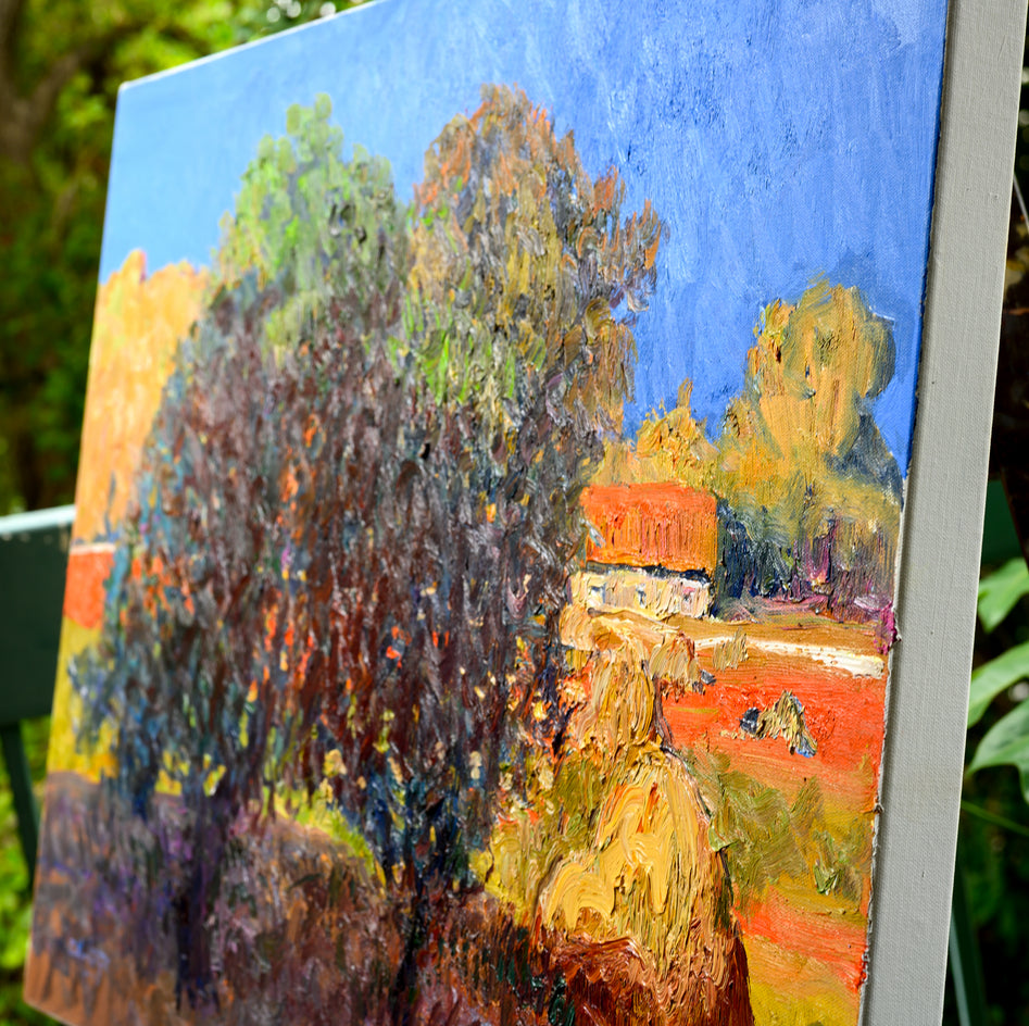 In the Farm. Haystack and Trees by Suren Nersisyan |  Side View of Artwork 