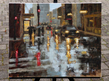 Original art for sale at UGallery.com | Wacker Drive in the Rain by Yangzi Xu | $750 | oil painting | 16' h x 20' w | thumbnail 3