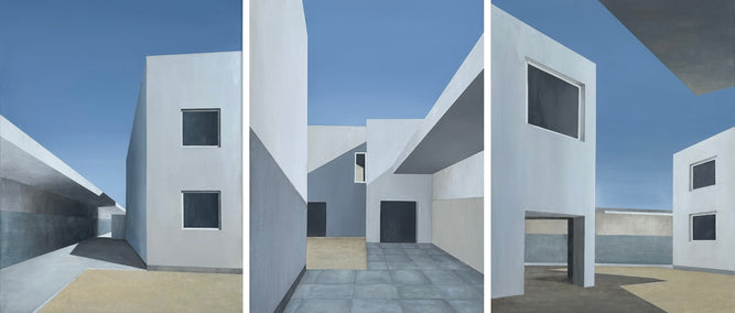 acrylic painting by Zeynep Genc titled Serralves Contemporary Art Museum - Triptych