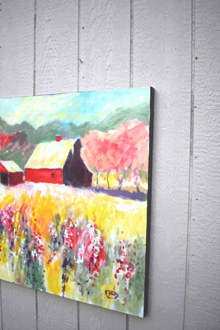 Red Barn near Orchard by Kip Decker |  Side View of Artwork 