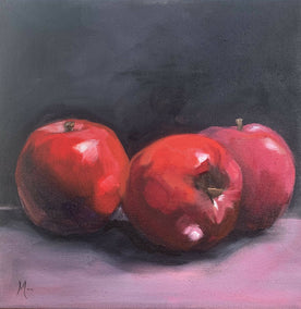 oil painting by Malia Pettit titled Apples on Pink