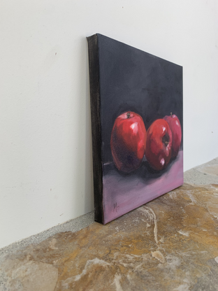 Original art for sale at UGallery.com | Apples on Pink by Malia Pettit | $500 | oil painting | 10' h x 10' w | photo 2