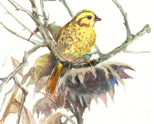 Yellowhammer and Dry Sunflowers (Vertical) by Suren Nersisyan |  Side View of Artwork 