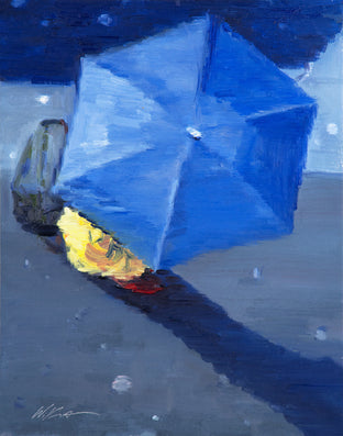 Original art for sale at UGallery.com | Blue Umbrella Blowing In Paris Rain by Warren Keating | $550 | oil painting | 14' h x 11' w | photo 2