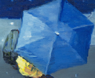 Original art for sale at UGallery.com | Blue Umbrella Blowing In Paris Rain by Warren Keating | $550 | oil painting | 14' h x 11' w | photo 3