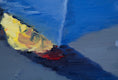Original art for sale at UGallery.com | Blue Umbrella Blowing In Paris Rain by Warren Keating | $550 | oil painting | 14' h x 11' w | thumbnail 1