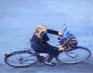 Original art for sale at UGallery.com | Hotelier on Bicycle in Paris No. 6 by Warren Keating | $550 | oil painting | 11' h x 14' w | photo 1